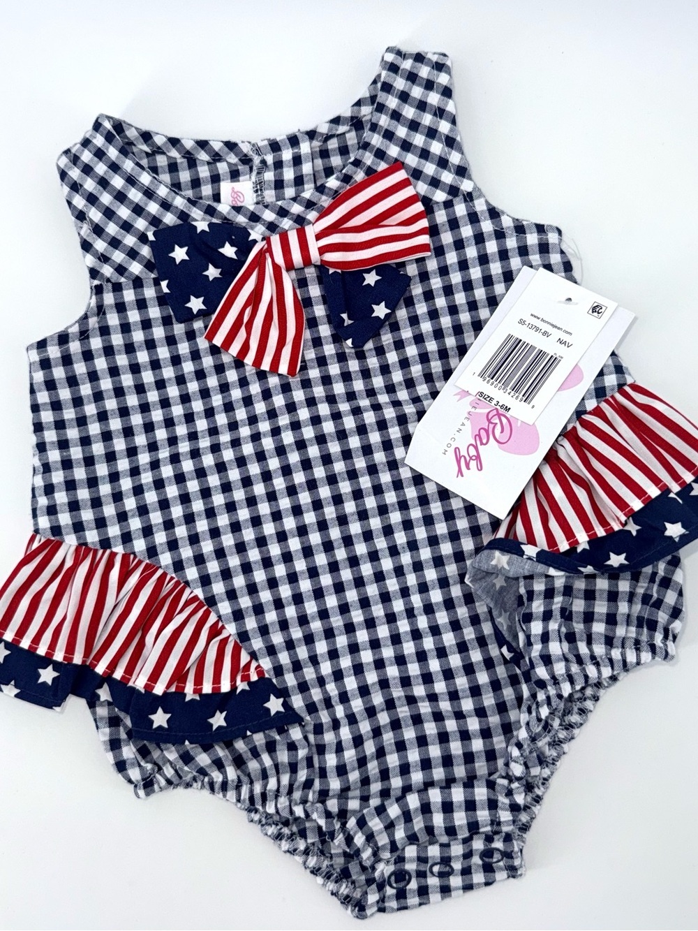 Bonnie Baby Red White and Blue Gingham Baby Girl Romper with Bow
